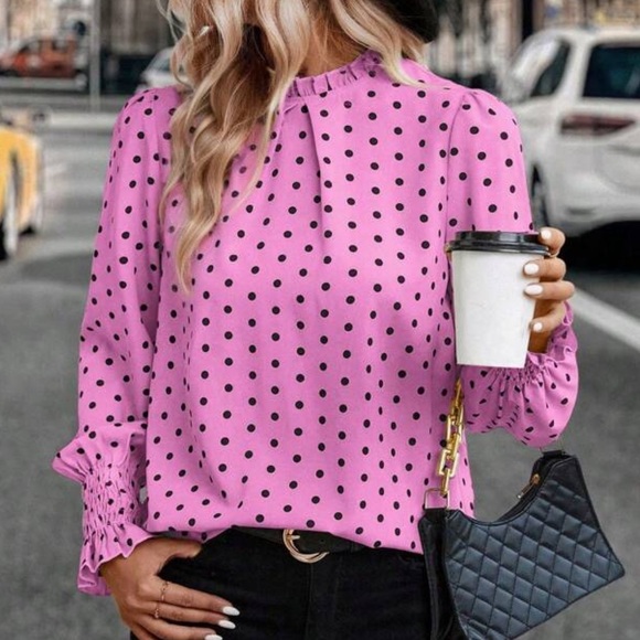 Delilah Wear Tops - We pink polka dot long sleeve blouse